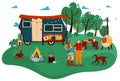 People travel in trailer vector illustration, cartoon flat man woman couple traveler characters standing in tourist camp