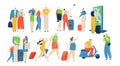 People travel vector illustration set, cartoon active flat man woman travelers with bag or suitcase, family or friends