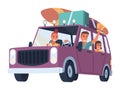 People traveling by car. Happy family in road trip. Hitchhiking and traveling concept for banner, website design or Royalty Free Stock Photo