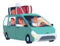 People traveling by car. Happy family in road trip. Hitchhiking and traveling concept for banner, website design or Royalty Free Stock Photo