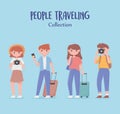 People traveling, collection young group with suitcases camera and mobile