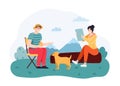 People traveling or hiking on nature. Man sitting on chair outdoor drinking hot beverage and playing with dog pet Royalty Free Stock Photo