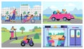 People traveling with pets, vector illustration set, flat cartoon style Royalty Free Stock Photo