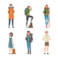 People traveling on vacation set. Male and female characters hiking and having trip cartoon vector illustration