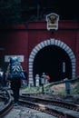 People or traveller with backpack walk to the tunnel of the train at KhunTan railway station in Lamphun province, Unseen Thailand.