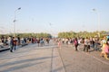 People or traveller come to see seagull bird flying on sea at Bang poo, Samutprakan, Thailand. Royalty Free Stock Photo