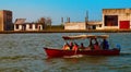 People travelling on the Danube with a boat. Tulcean, life.