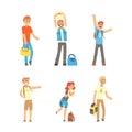 People Travelling by Hitchhiking or Autostop Thumbing Standing on the Road Vector Set