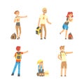People Travelling by Hitchhiking or Autostop Thumbing Standing on the Road Vector Set