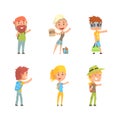 People Travelling by Hitchhiking or Autostop Thumbing Standing on the Road Vector Set