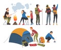 People Travelling on Nature Set, Tourists Camping near Bonfire and Hiking, Summer Adventure Trip Cartoon Style Vector Royalty Free Stock Photo