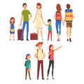 People Travelling and Sightseeing on Vacation, Happy Families and Couples with Luggage Vector Illustration