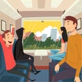 People Travelling by Train, Men and Women Sitting in Passenger Railway Transport, Train Interior Vector Illustration