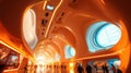 People traversing futuristic orange tunnel with organic architectural design and illuminated screens in Saudi Arabia Royalty Free Stock Photo