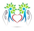 People tree green leaf hands and hearts logo. Royalty Free Stock Photo