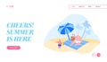 People on Tropical Resort Landing Page Template. Family Characters on Summer Vacation Father Drinking Cocktail