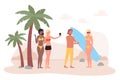 People on tropical sea beach flat vector illustration, cartoon happy friend characters spend fun time outdoor on summer Royalty Free Stock Photo