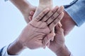 People, trust and hands together below for community, unity or team agreement in support for collaboration. Hand of
