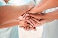 People, trust and hands together for teamwork, agreement or collaboration in solidarity outdoors. Community, group or Royalty Free Stock Photo