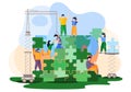 People trying to save world ecology. Characters are building a green planet from blocks of puzzles Royalty Free Stock Photo