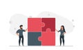 People are trying to solve the puzzle together. Man and woman team solve problem together vector illustration Royalty Free Stock Photo