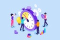 People trying to stop time. A man hangs on an arrow of a giant clock. Time management, Time limit, and Deadline concept. isometric