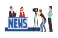 People on TV Studio Making News, Television Industry Concept Cartoon Style Vector Illustration