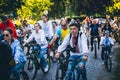 People in Ukrainian national embroidered shirts take part in a bicycle race in support of Ukraine against the Russian invasion Royalty Free Stock Photo