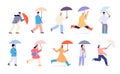 People with umbrella. Autumn rain umbrellas, woman walking rainy day. Person in yellow raincoat, isolated cartoon adults