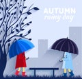 People with umbrella in a autumn raining day background concept. Vector illustration design Royalty Free Stock Photo