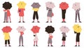 People with umbrella. Fall rainy weather day characters hiding under umbrella back view vector illustration set. Cartoon Royalty Free Stock Photo