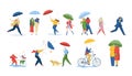 People with umbrella under rain storm wind vector illustration set, cartoon flat characters in raincoats holding