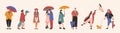 People with umbrellas. Cartoon characters holding parasols in rainy weather, man woman walking in downpour. Vector set