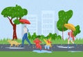 People with umbrellas and a dog walking in rain, kids jumping in puddles, joyful rainy day in city park. Rainy weather Royalty Free Stock Photo