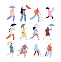 People with umbrellas. Rainy autumn, city street wet person character. Isolated man woman outdoor walking in raining day Royalty Free Stock Photo