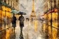 People with umbrellas in rainy day in Paris by the Eiffel Tower.