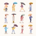 People with umbrellas set. Characters walk in rainy weather color parasol stylish girl with handbag guy in hurry on date
