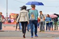 People with umbrellas, under the rain at Heineken Primavera Sound 2014 Festival Royalty Free Stock Photo