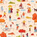 People with umbrellas walking in autumn park seamless pattern. Characters in warm clothes. Fall season outdoor activity Royalty Free Stock Photo