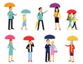 People under umbrella of various colors set, men and women