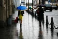 People under umbrellas during the rain go through the wet streets.