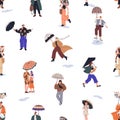 People under umbrellas, seamless pattern. Rainy weather, day with puddles, happy running, walking characters, endless