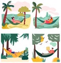 People unwinding by the seaside. People lounging in beachside hammocks, delighting in the warmth of the outdoor sun. A