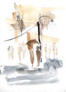 People in urban infrastructure. Minimalist stylized sketch. Isolated on white. Hand drawn watercolor with paper texture. Bitmap