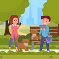 People in urban park flat illustration. Woman taking cats photos on smartphone, man with domestic animal using tablet Royalty Free Stock Photo