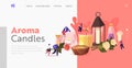 People Use Aroma Candles at Home Landing Page Template. Tiny Characters with Various Huge Candles in Candlesticks