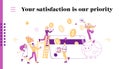 People Use Bonus Card, Loyalty Program Landing Page Template. Tiny Characters Holding Huge Golden Coins