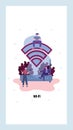 People use internet in free wifi zone. Wireless network technology symbol. Wi-fi hotspot, router, modem. Vector web site