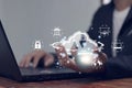 People use laptops with cloud computing to visualize in hand cloud technology, data storage, connecting global networks. Royalty Free Stock Photo