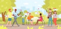 People use smartphones in city park. Cartoon flat young woman man friend characters sitting on bench in city park Royalty Free Stock Photo